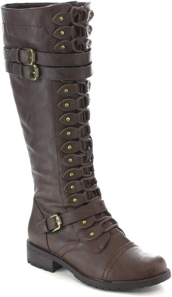 Wild Diva Timberly Women's Fashion Lace Up Buckle Knee High Combat Boots