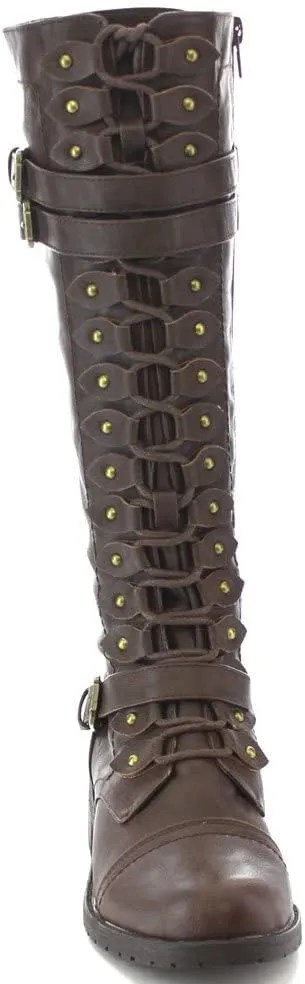 Wild Diva Timberly Women's Fashion Lace Up Buckle Knee High Combat Boots