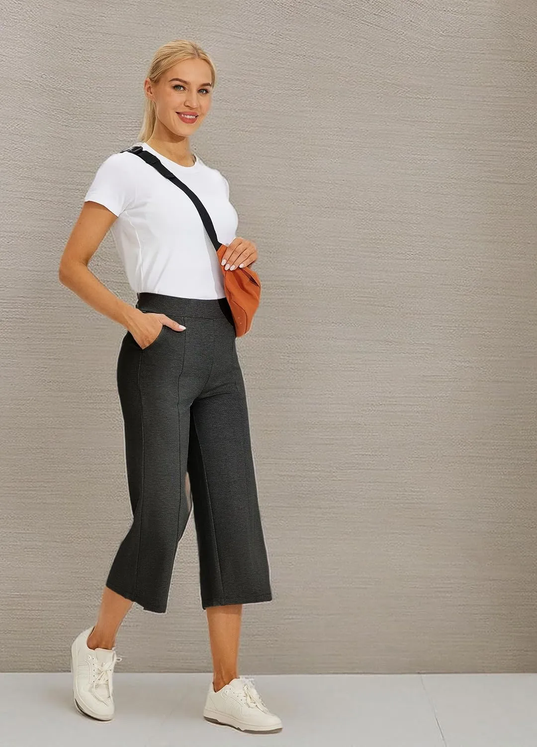 Willit Women's Capri Pants Dress Yoga Pants Wide Leg Business Casual Capris Work Slacks Stretch High Waisted 21"