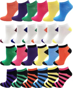 Winterlace 24 Pairs Ankle Socks for Women & Girls Bulk Pack, Fun Cute Low Cut No Show, Colorful Soft