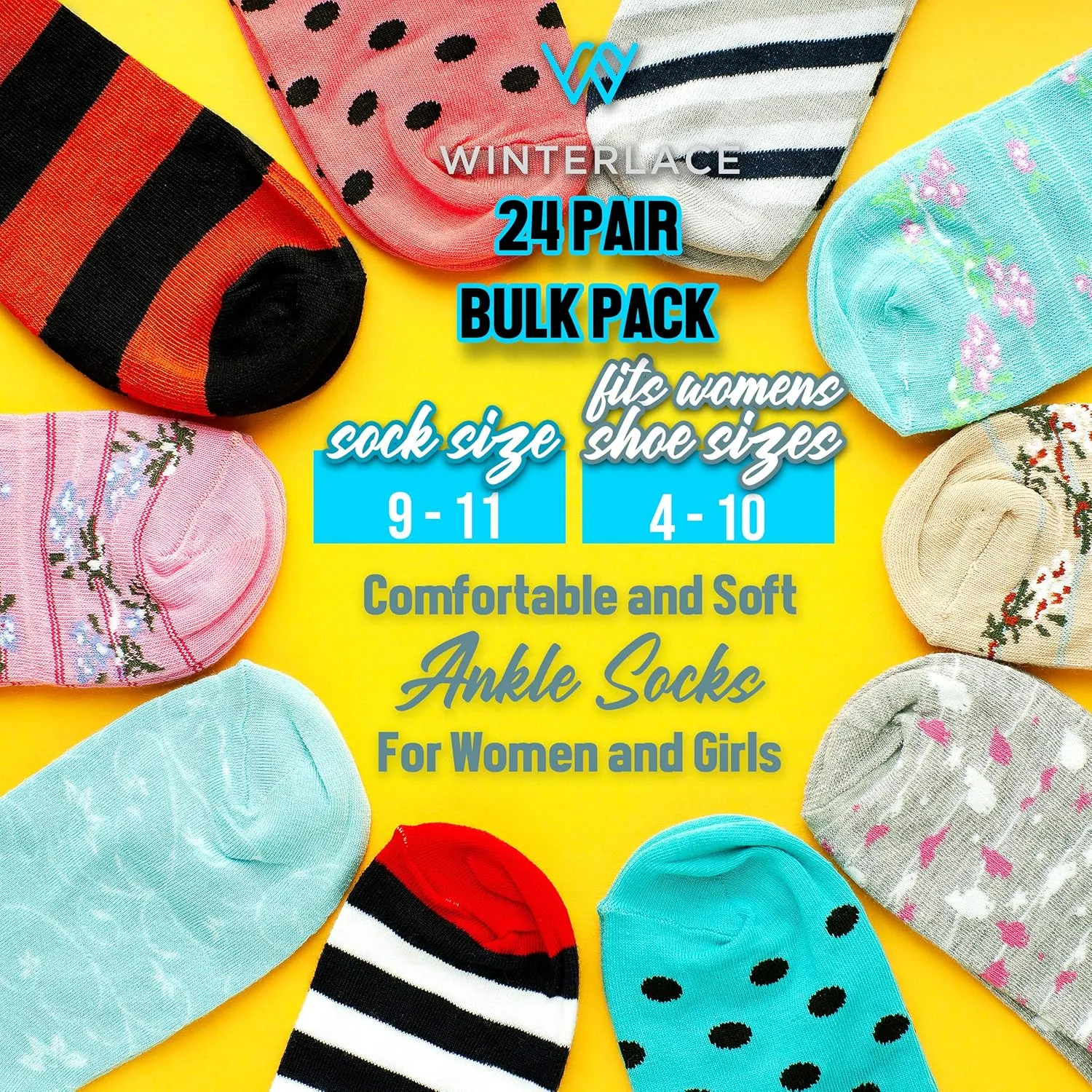 Winterlace 24 Pairs Ankle Socks for Women & Girls Bulk Pack, Fun Cute Low Cut No Show, Colorful Soft