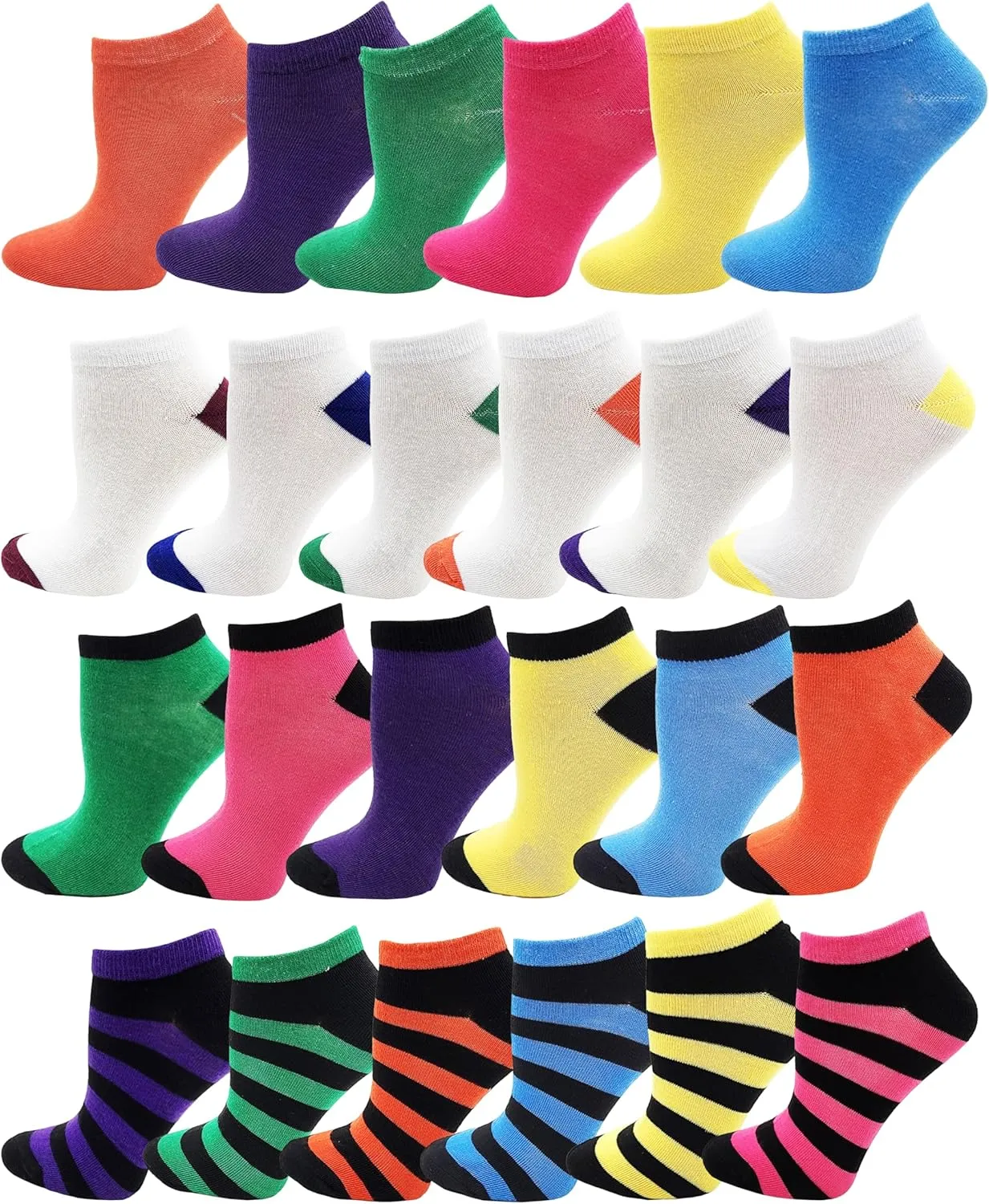 Winterlace 24 Pairs Ankle Socks for Women & Girls Bulk Pack, Fun Cute Low Cut No Show, Colorful Soft