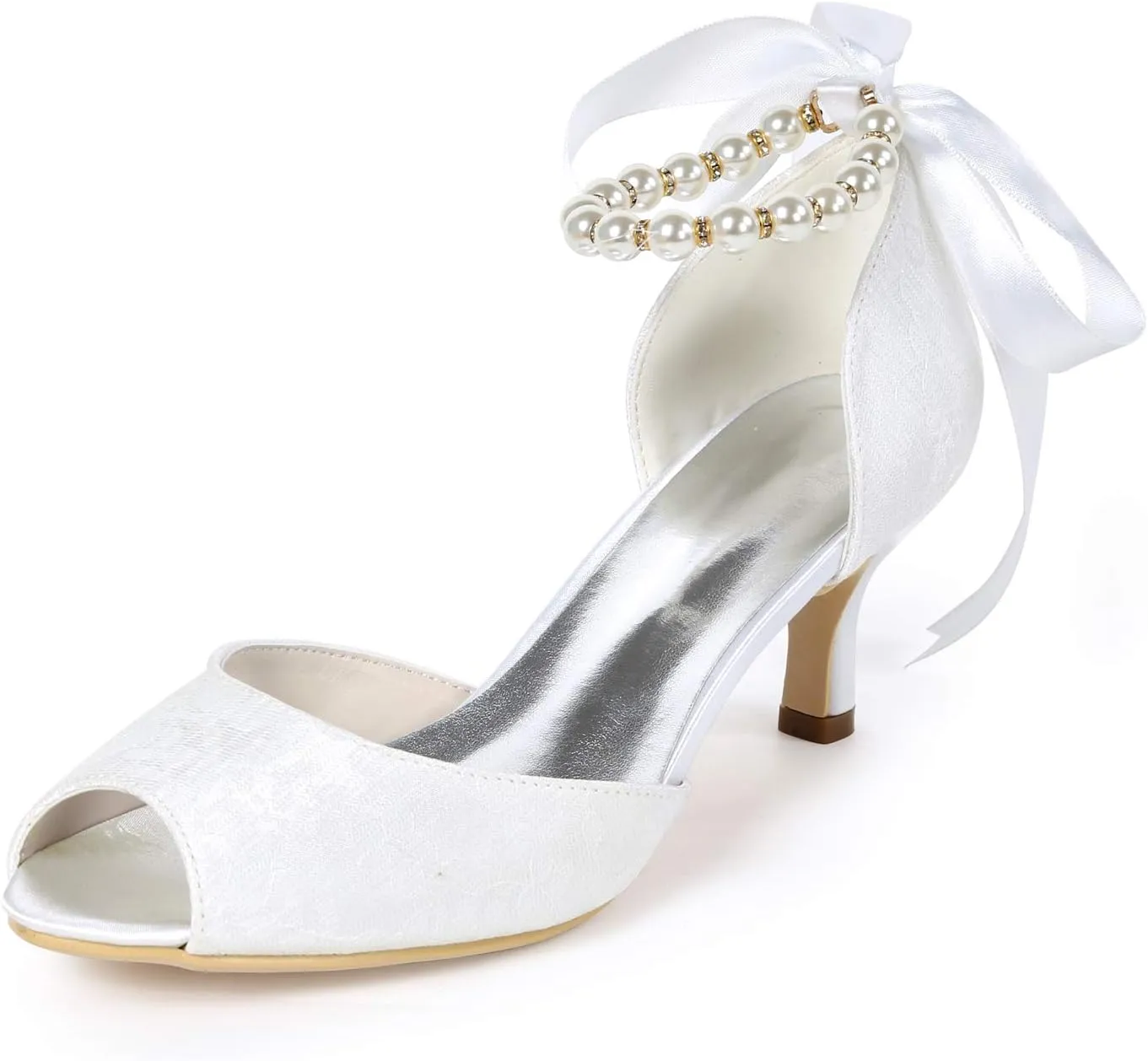 Women Ankle Strap Peep Toe Mid High Heel Pearl Ribbon Satin Wedding Bridal Shoes