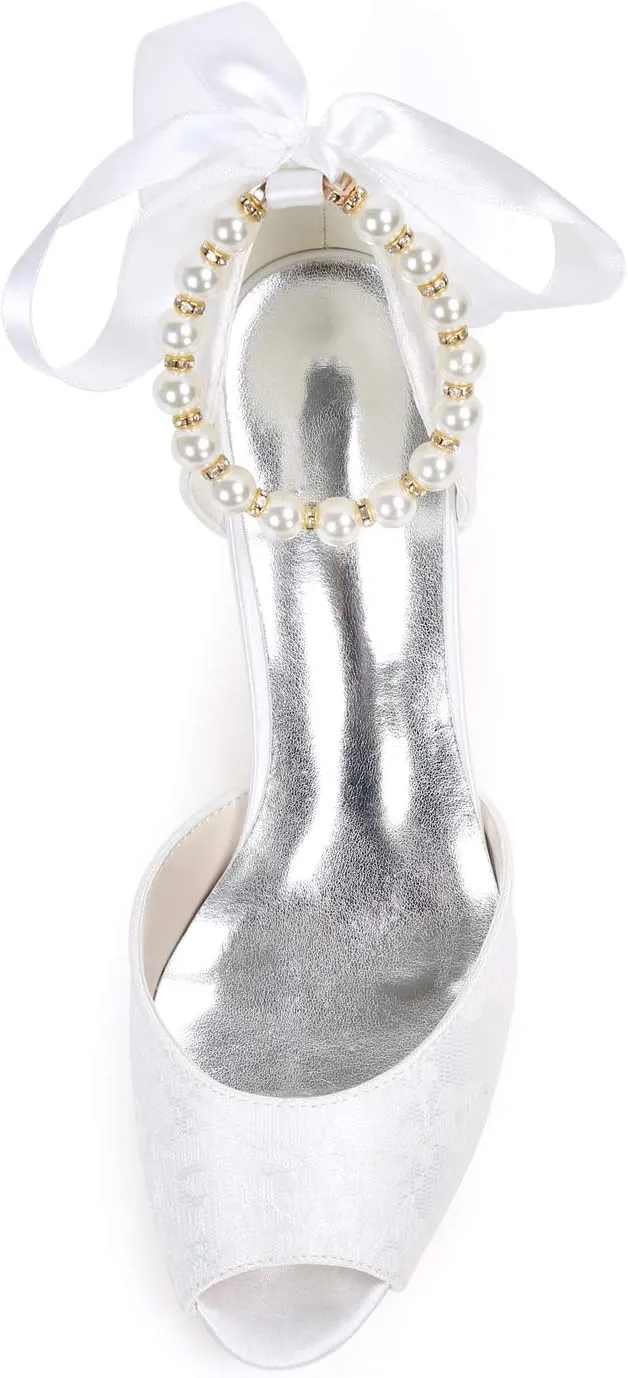 Women Ankle Strap Peep Toe Mid High Heel Pearl Ribbon Satin Wedding Bridal Shoes