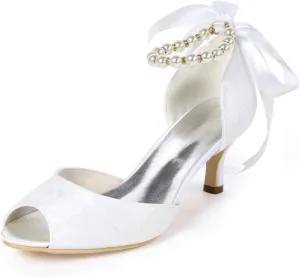 Women Ankle Strap Peep Toe Mid High Heel Pearl Ribbon Satin Wedding Bridal Shoes