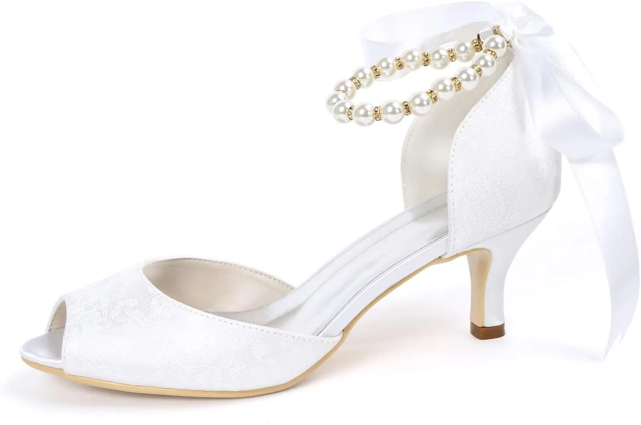 Women Ankle Strap Peep Toe Mid High Heel Pearl Ribbon Satin Wedding Bridal Shoes