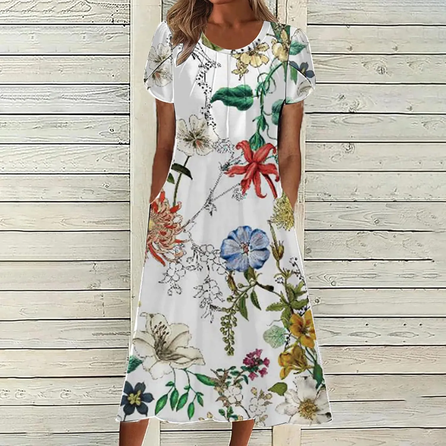 Women Boho Floral Print Dress Petal Sleeves Flowy Dresses Casual Summer Midi Dress Beach Vacation Clothing 2024