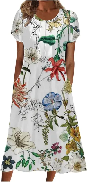 Women Boho Floral Print Dress Petal Sleeves Flowy Dresses Casual Summer Midi Dress Beach Vacation Clothing 2024