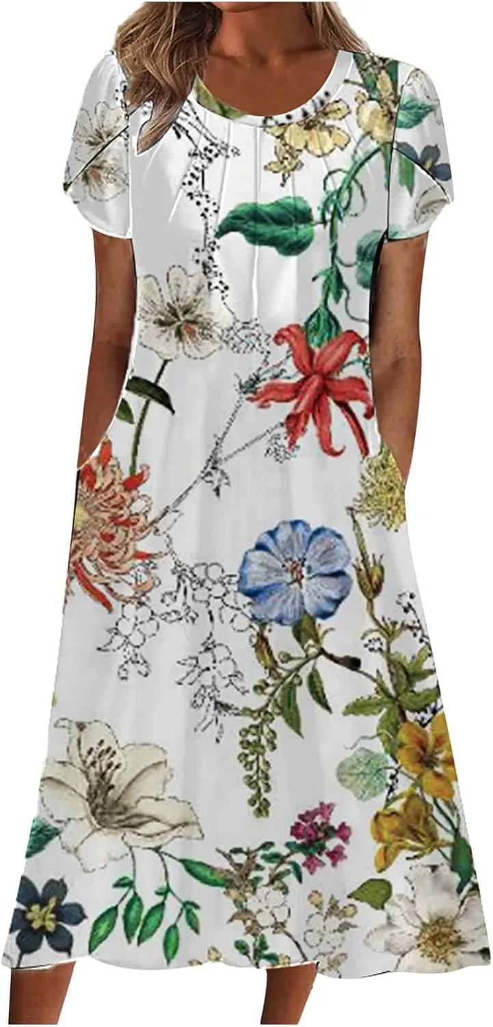 Women Boho Floral Print Dress Petal Sleeves Flowy Dresses Casual Summer Midi Dress Beach Vacation Clothing 2024