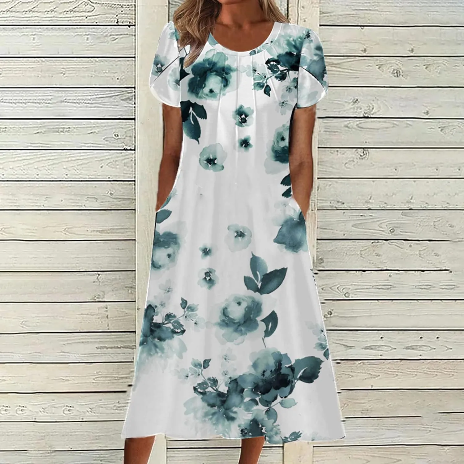 Women Boho Floral Print Dress Petal Sleeves Flowy Dresses Casual Summer Midi Dress Beach Vacation Clothing 2024