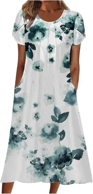 Women Boho Floral Print Dress Petal Sleeves Flowy Dresses Casual Summer Midi Dress Beach Vacation Clothing 2024