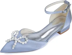 Women Classic Pointed Toe D'orsay Wedding Flat Sandals Sparkly Pearls Ankle Strap Satin Low Heel Dress Shoes