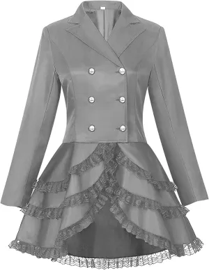 Women Double Breasted Victorian Steampunk Blazer Coat Jacket Tuxedo Gothic Tailcoat with Lace Hem Halloween Costumes