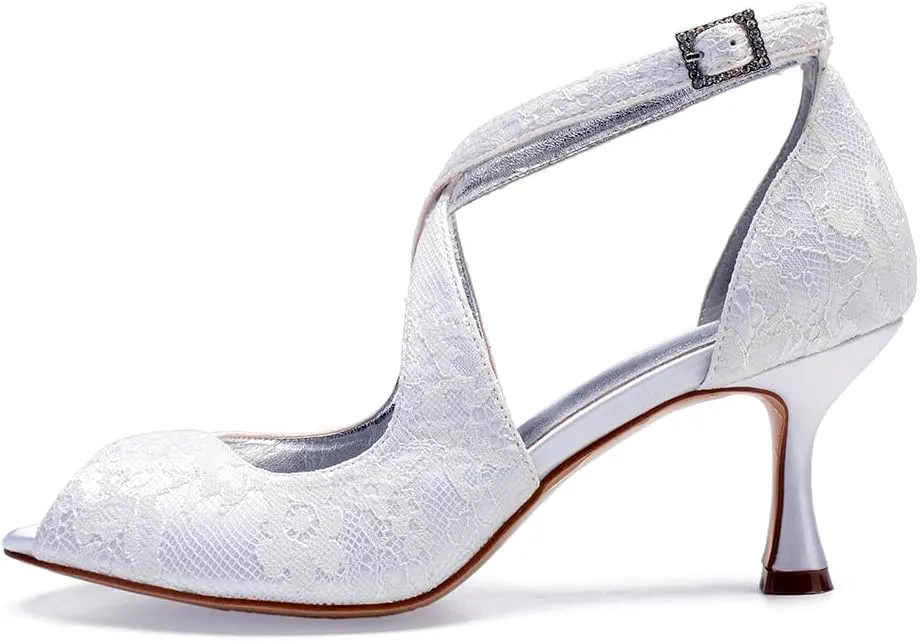 Women Lace Bridal Shoes Cross Strap Ankle Strap Prom Pumps Party Bridesmaid Shoes Peep Toe Mid Heel Wedding Sandals