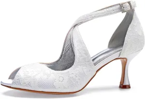 Women Lace Bridal Shoes Cross Strap Ankle Strap Prom Pumps Party Bridesmaid Shoes Peep Toe Mid Heel Wedding Sandals