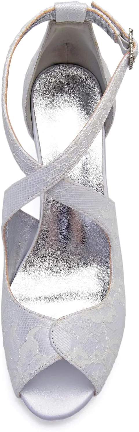 Women Lace Bridal Shoes Cross Strap Ankle Strap Prom Pumps Party Bridesmaid Shoes Peep Toe Mid Heel Wedding Sandals