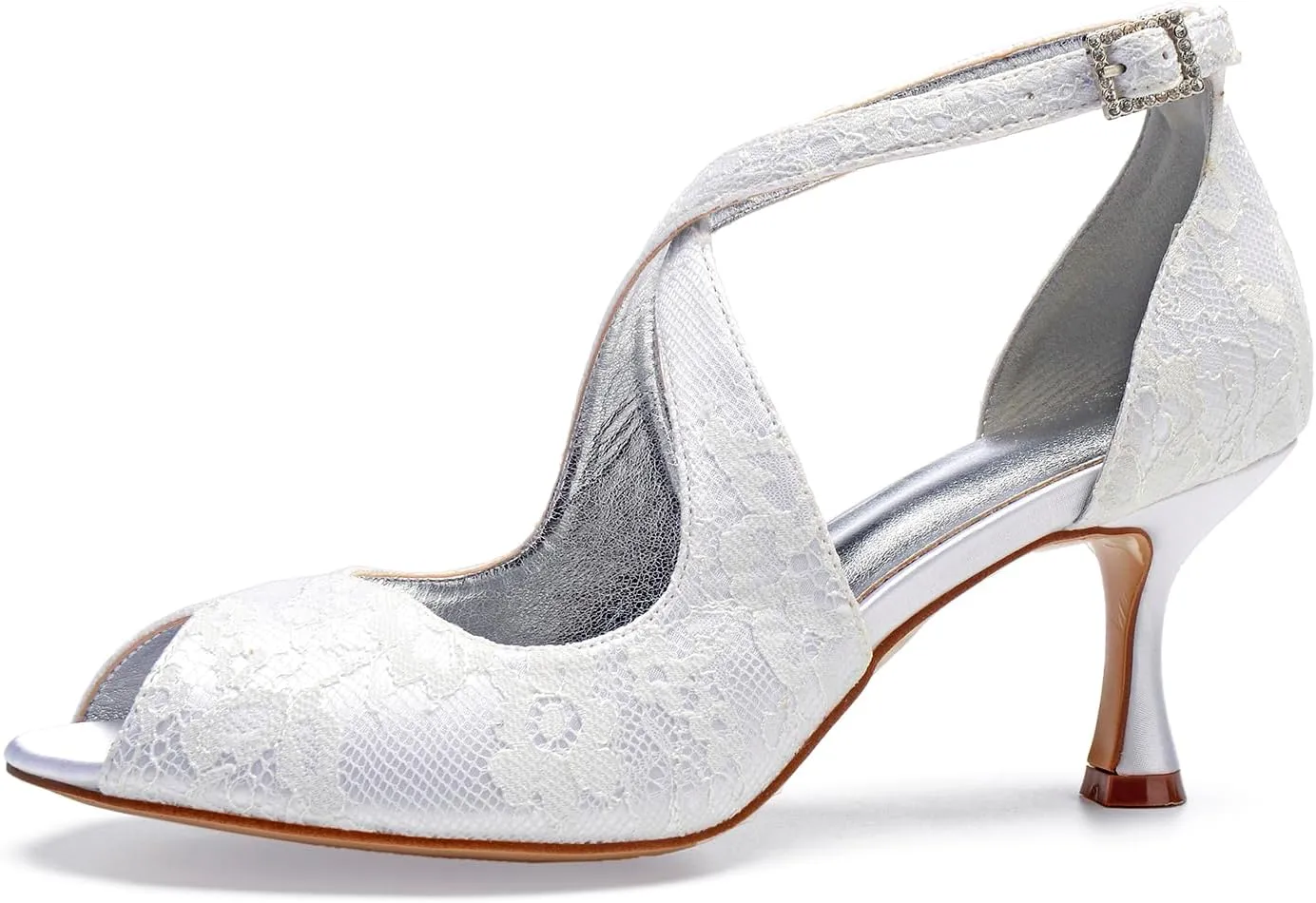 Women Lace Bridal Shoes Cross Strap Ankle Strap Prom Pumps Party Bridesmaid Shoes Peep Toe Mid Heel Wedding Sandals
