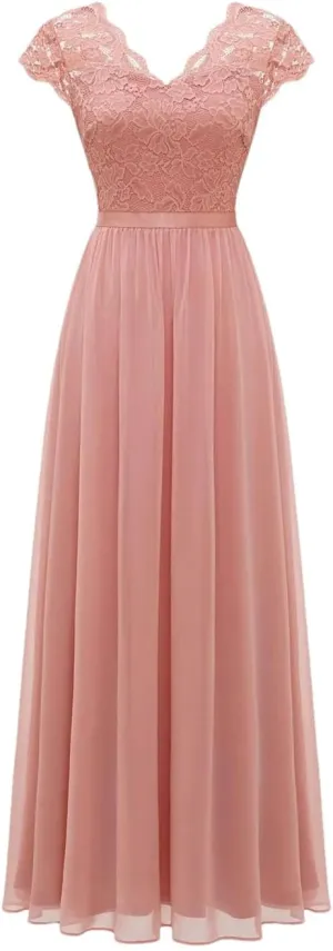 Women Lace Edge Splicing Chiffon Double V-Neck Long Formal Evening Dress Summer Party Evening Dress