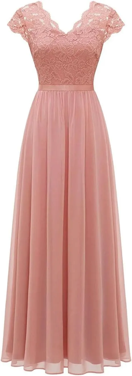 Women Lace Edge Splicing Chiffon Double V-Neck Long Formal Evening Dress Summer Party Evening Dress