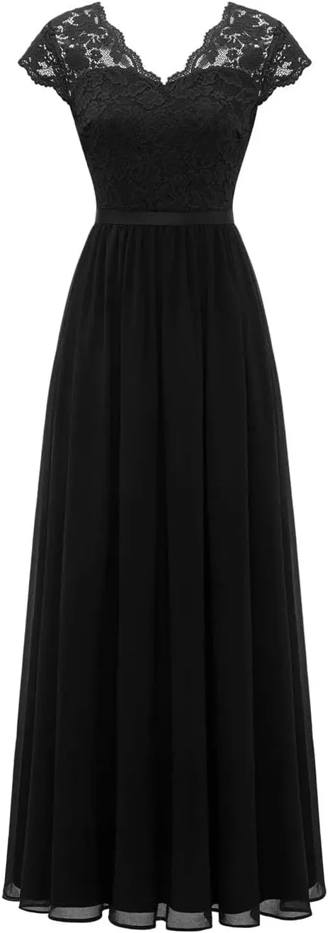 Women Lace Edge Splicing Chiffon Double V-Neck Long Formal Evening Dress Summer Party Evening Dress
