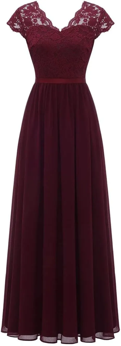 Women Lace Edge Splicing Chiffon Double V-Neck Long Formal Evening Dress Summer Party Evening Dress