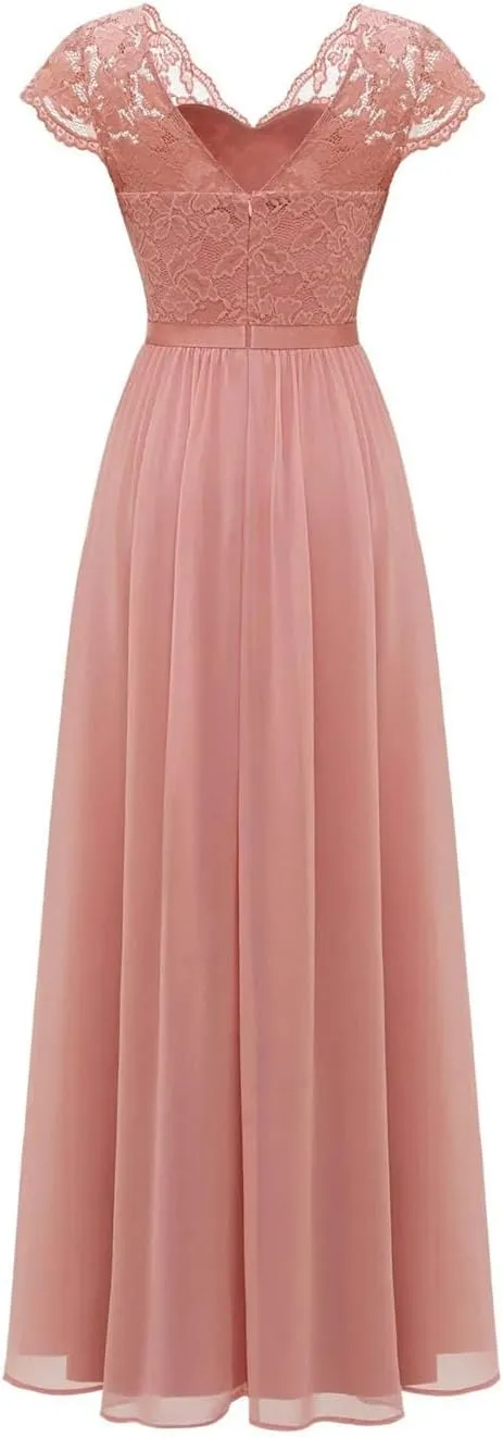 Women Lace Edge Splicing Chiffon Double V-Neck Long Formal Evening Dress Summer Party Evening Dress