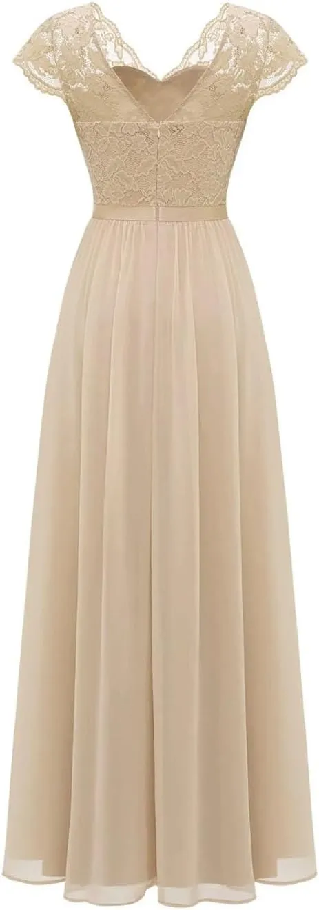 Women Lace Edge Splicing Chiffon Double V-Neck Long Formal Evening Dress Summer Party Evening Dress