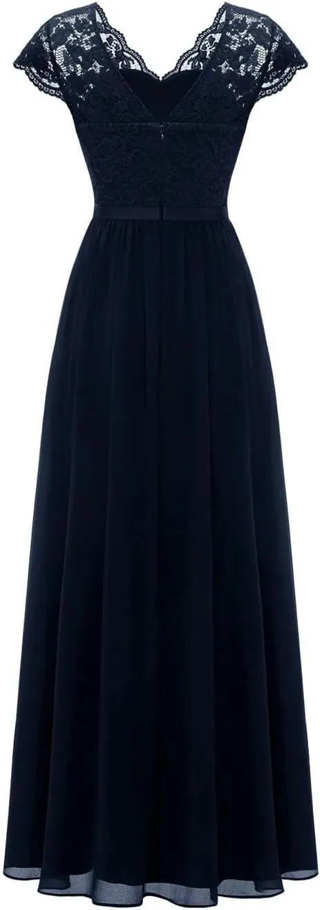 Women Lace Edge Splicing Chiffon Double V-Neck Long Formal Evening Dress Summer Party Evening Dress
