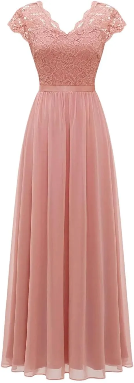 Women Lace Edge Splicing Chiffon Double V-Neck Long Formal Evening Dress Summer Party Evening Dress