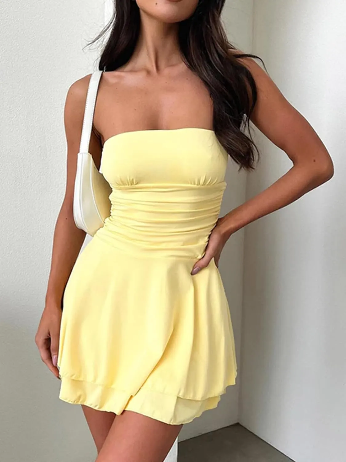 Women Sexy Tube Top Silk Dress Strapless Ruched Basque Waist Ruffle Layer Mini Dress Jumpsuit Party Dresses