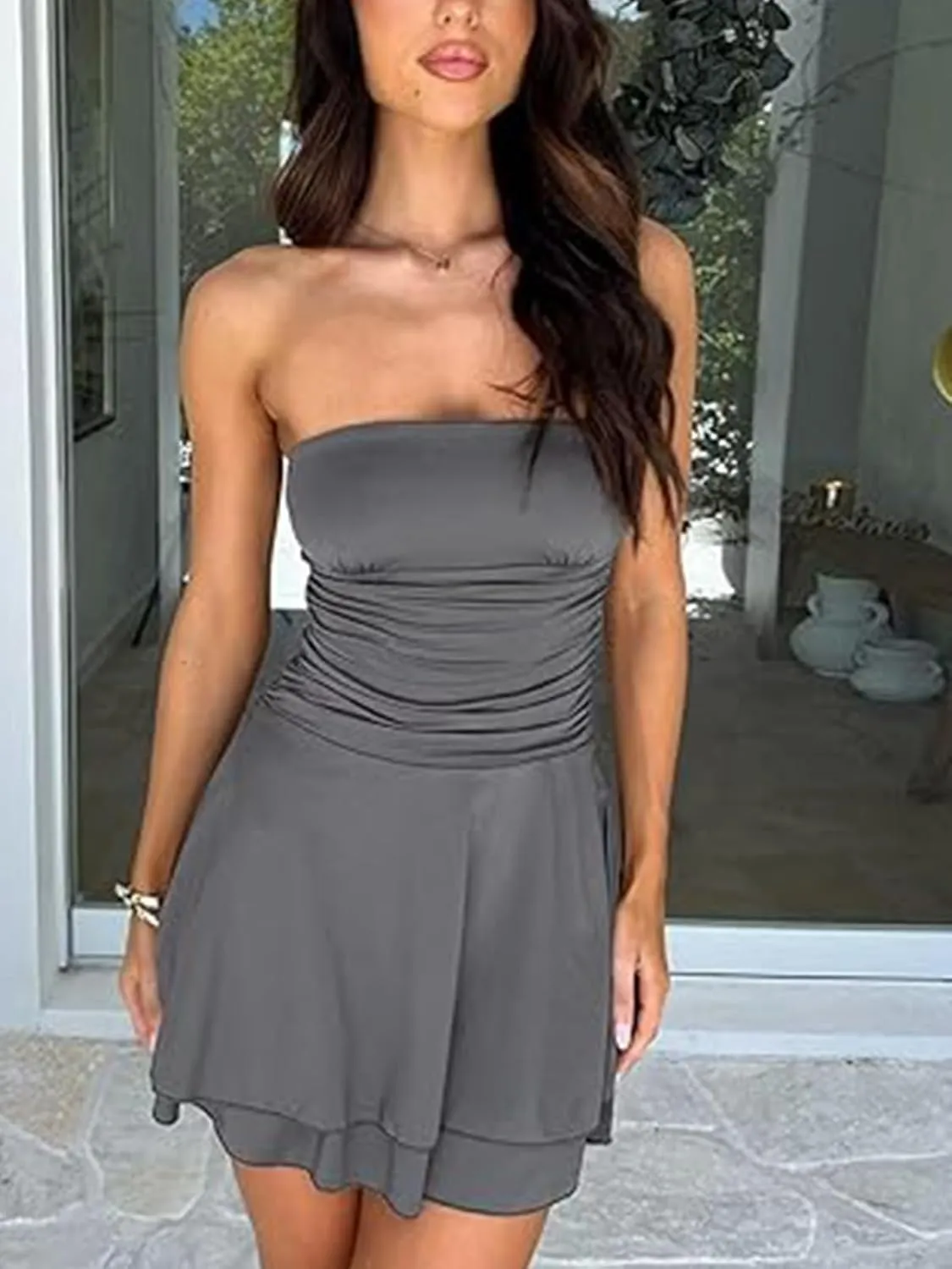 Women Sexy Tube Top Silk Dress Strapless Ruched Basque Waist Ruffle Layer Mini Dress Jumpsuit Party Dresses