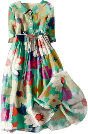 Women Summer Cotton Linen Dress 3/4 Sleeve Crew Neck Loose Long Dress Double Layers Flowy Smocked Tiered Dress