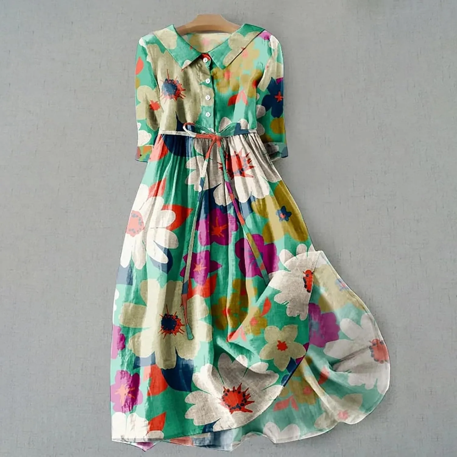 Women Summer Cotton Linen Dress 3/4 Sleeve Crew Neck Loose Long Dress Double Layers Flowy Smocked Tiered Dress