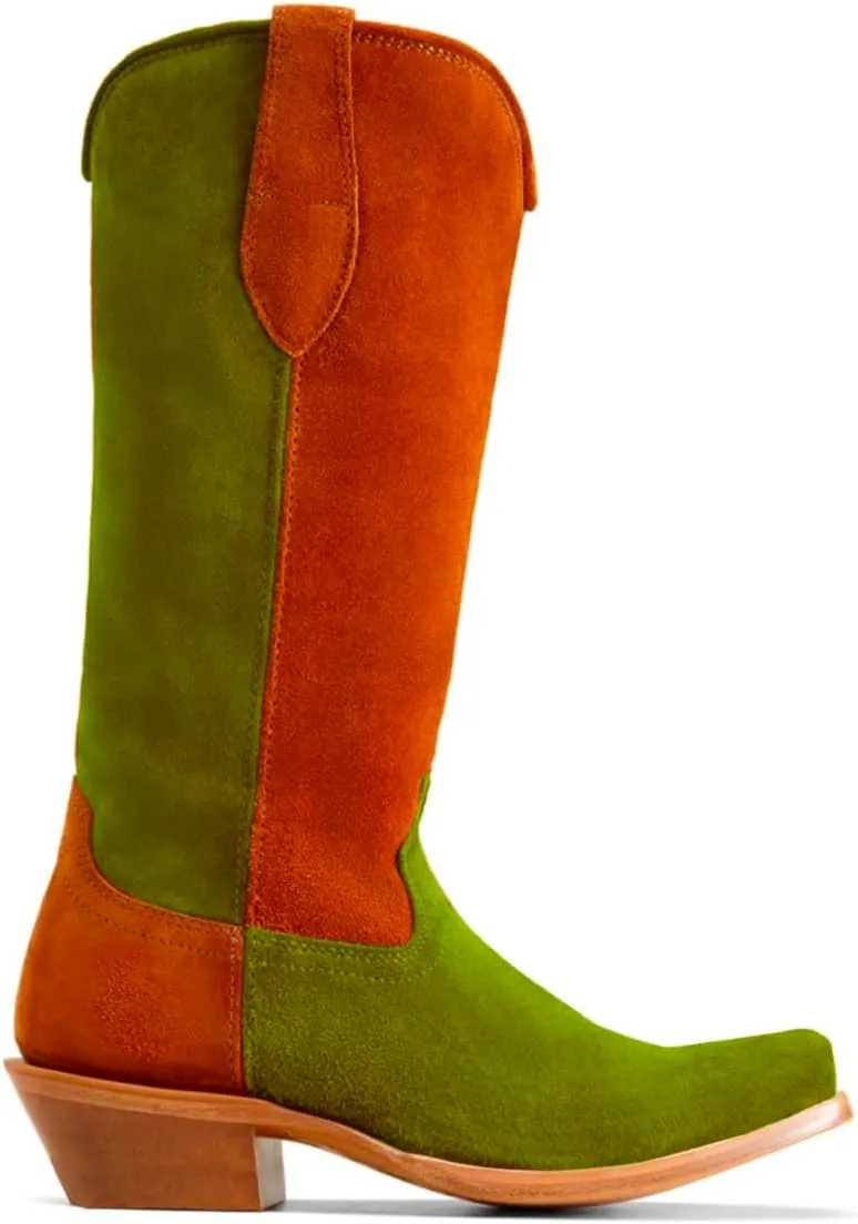 Women Vintage Low Chunky Heel Knee High Western Boots Slouchy Square-Pointed Toe Suede Cowboy Boots Pull On Two-Tone Burnished Mid Calf Cowgirl Boots Work Fall Winter Boot Comfort 4-11 M US