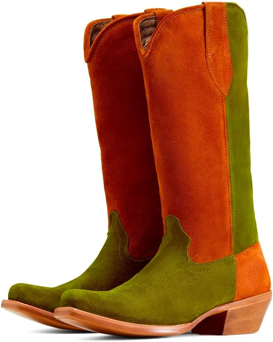 Women Vintage Low Chunky Heel Knee High Western Boots Slouchy Square-Pointed Toe Suede Cowboy Boots Pull On Two-Tone Burnished Mid Calf Cowgirl Boots Work Fall Winter Boot Comfort 4-11 M US