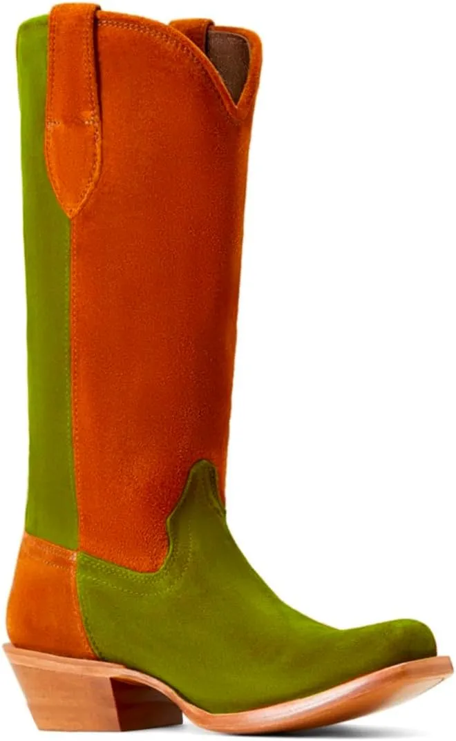 Women Vintage Low Chunky Heel Knee High Western Boots Slouchy Square-Pointed Toe Suede Cowboy Boots Pull On Two-Tone Burnished Mid Calf Cowgirl Boots Work Fall Winter Boot Comfort 4-11 M US