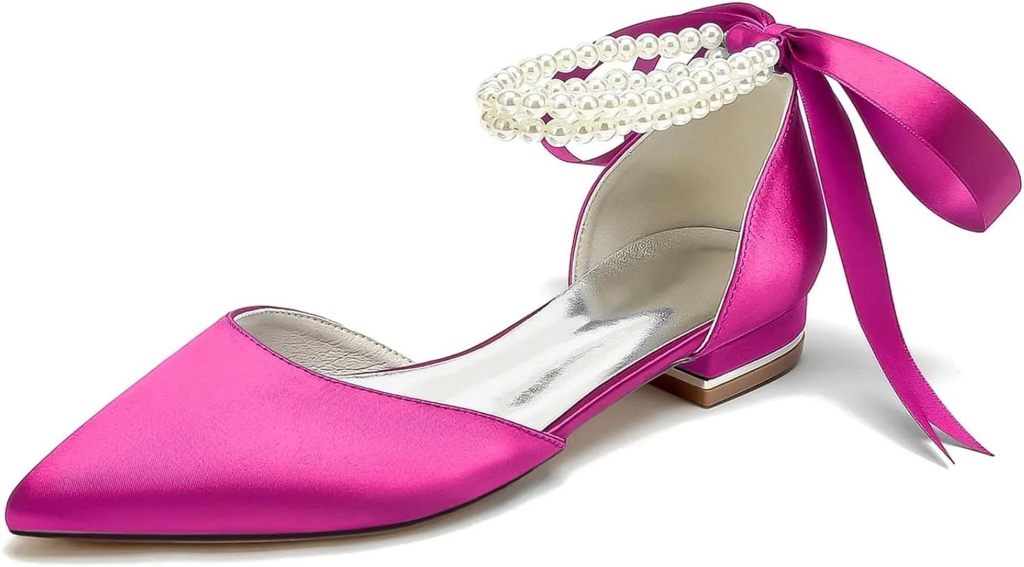 Women Wedding Satin Flats Pearls Shoes for Bride Pointed Toe Prom Evening Bridal Party Dress Flats 2.5Cm