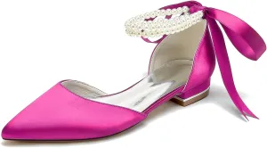 Women Wedding Satin Flats Pearls Shoes for Bride Pointed Toe Prom Evening Bridal Party Dress Flats 2.5Cm