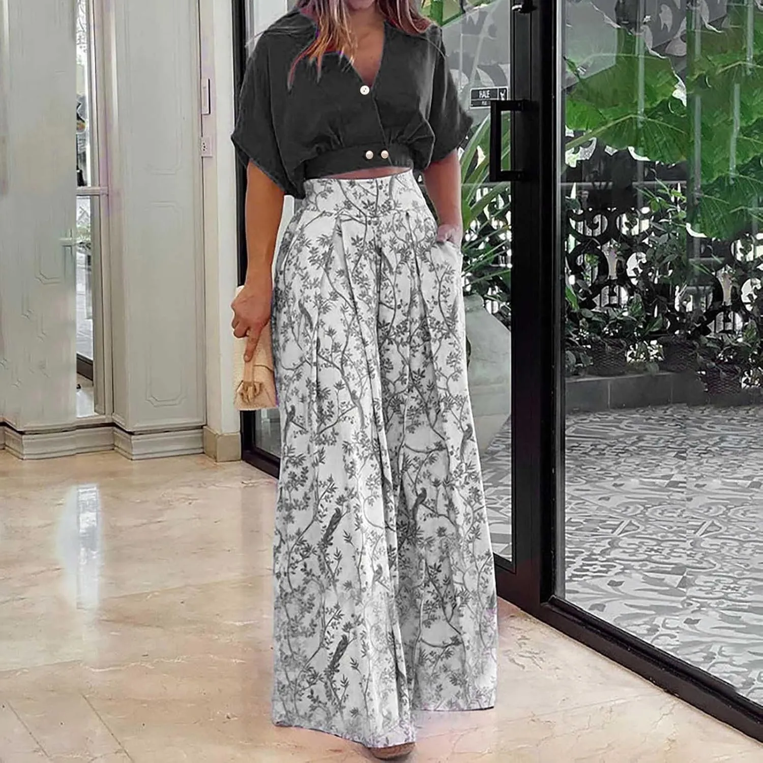 Womens 2 Piece Sets Casual Short Sleeved V Neck Shirts Elastic Waist Floral Lightweight Palazzo Pants Vacation Set