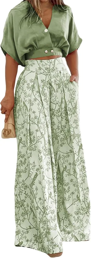 Womens 2 Piece Sets Casual Short Sleeved V Neck Shirts Elastic Waist Floral Lightweight Palazzo Pants Vacation Set