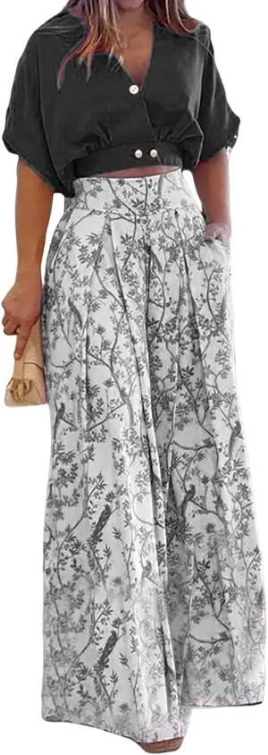 Womens 2 Piece Sets Casual Short Sleeved V Neck Shirts Elastic Waist Floral Lightweight Palazzo Pants Vacation Set