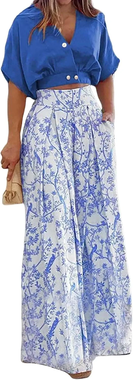 Womens 2 Piece Sets Casual Short Sleeved V Neck Shirts Elastic Waist Floral Lightweight Palazzo Pants Vacation Set