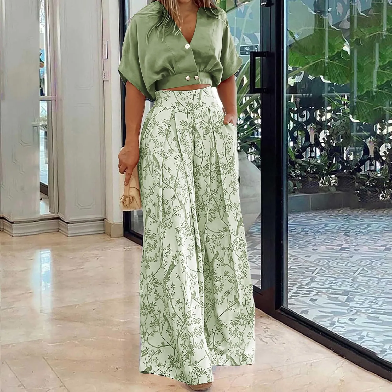 Womens 2 Piece Sets Casual Short Sleeved V Neck Shirts Elastic Waist Floral Lightweight Palazzo Pants Vacation Set