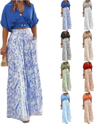 Womens 2 Piece Sets Casual Short Sleeved V Neck Shirts Elastic Waist Floral Lightweight Palazzo Pants Vacation Set