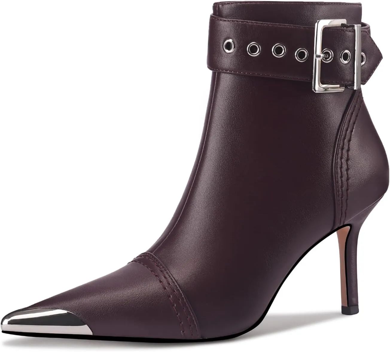 Women's Ankel Booties Metal Pointed Toe High Stilettos Heels Short Boots Belt Buckle Slide Zipper Trendey Show Dress Boots