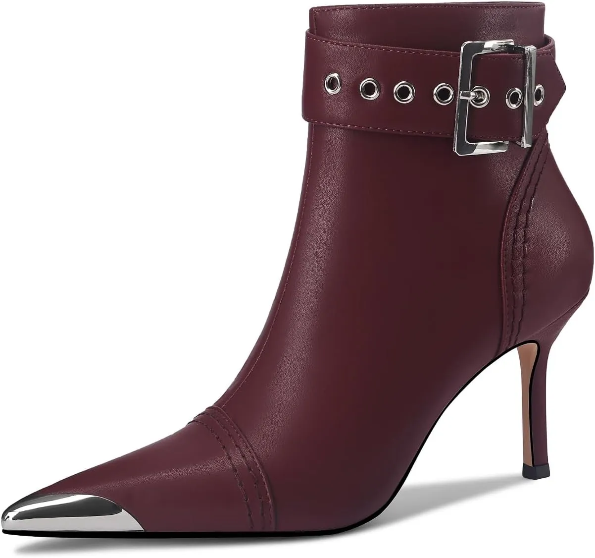 Women's Ankel Booties Metal Pointed Toe High Stilettos Heels Short Boots Belt Buckle Slide Zipper Trendey Show Dress Boots