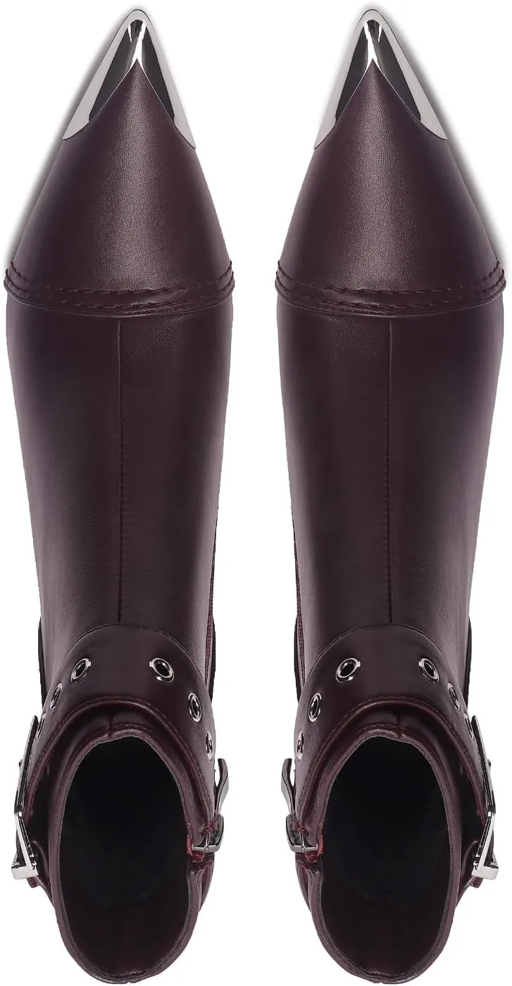 Women's Ankel Booties Metal Pointed Toe High Stilettos Heels Short Boots Belt Buckle Slide Zipper Trendey Show Dress Boots