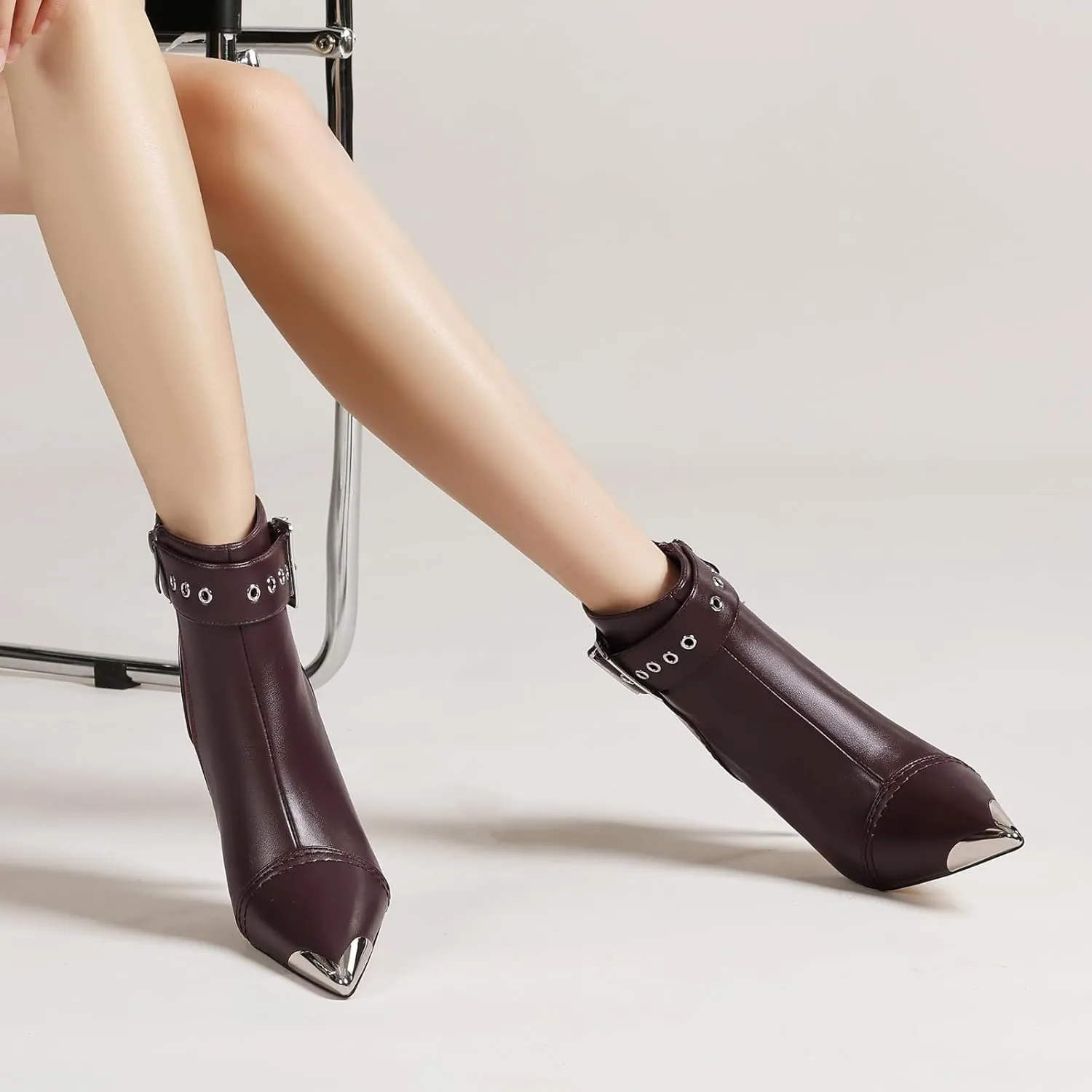 Women's Ankel Booties Metal Pointed Toe High Stilettos Heels Short Boots Belt Buckle Slide Zipper Trendey Show Dress Boots