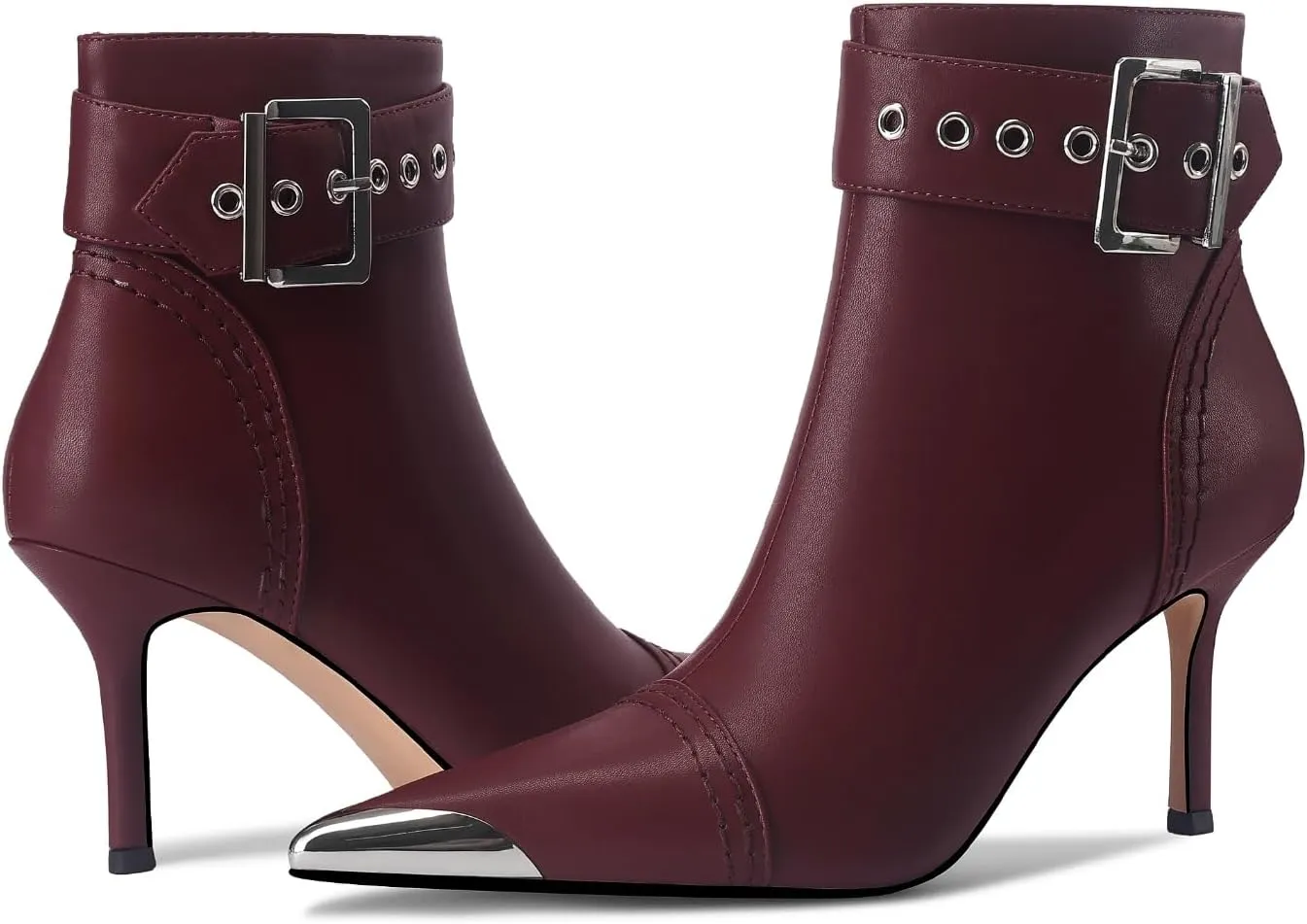 Women's Ankel Booties Metal Pointed Toe High Stilettos Heels Short Boots Belt Buckle Slide Zipper Trendey Show Dress Boots