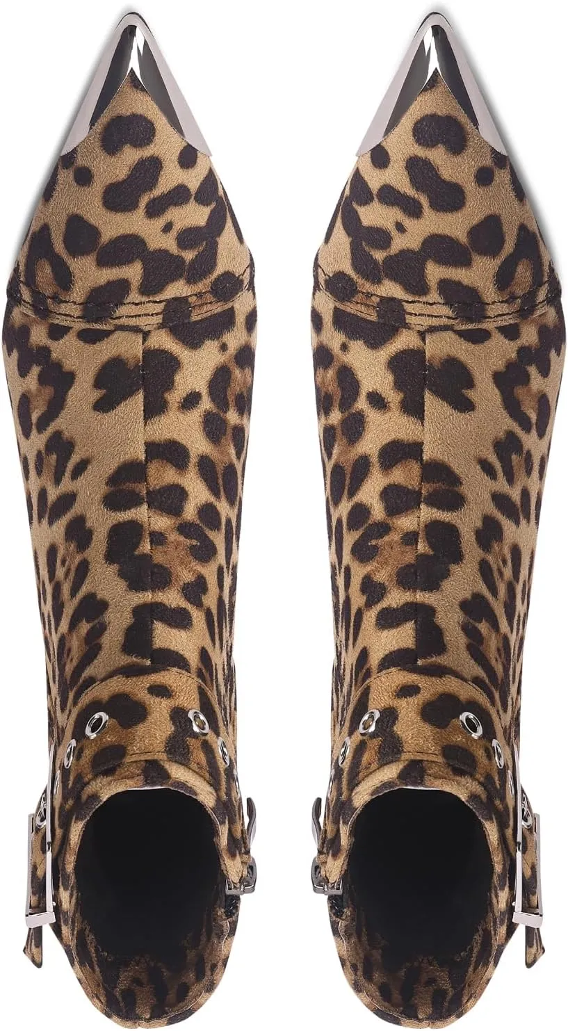 Women's Ankel Booties Metal Pointed Toe High Stilettos Heels Short Boots Belt Buckle Slide Zipper Trendey Show Dress Boots